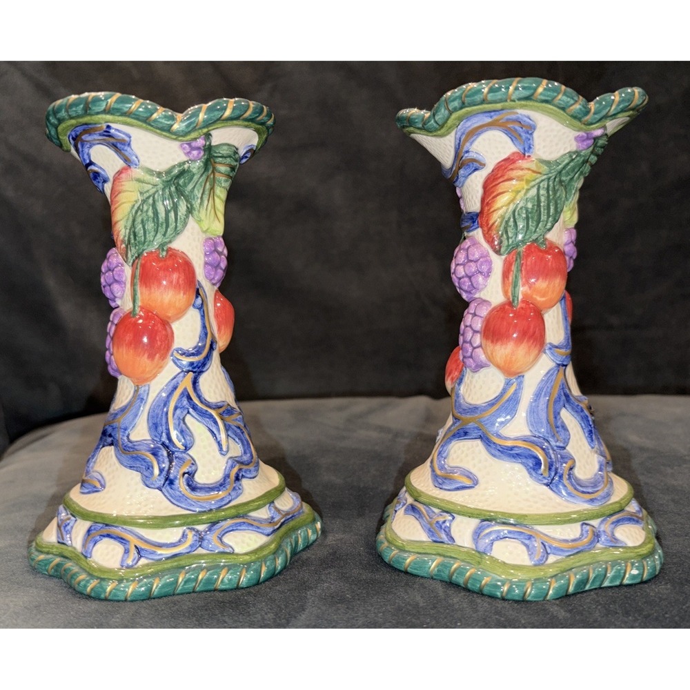 Fitz and Floyd Calypso Majolica Hand Painted Ceramic Fruit Candlesticks